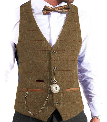 Chaleco De Hombre Marrón De Tweed A Cuadros Formal Para Homb