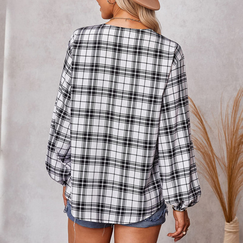Camisa De Cuello Redondo A Cuadros De Moda Para Mujer