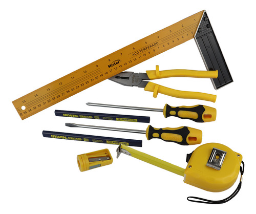 Kit Ferramentas 8 Peças Carpinteiro C/ Lápis Esquadro Trena