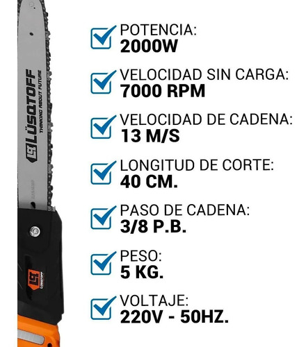 Electrosierra Motosierra Lusqtoff 2000w Espada 40cm Esl2000-8 Color Anaranjado