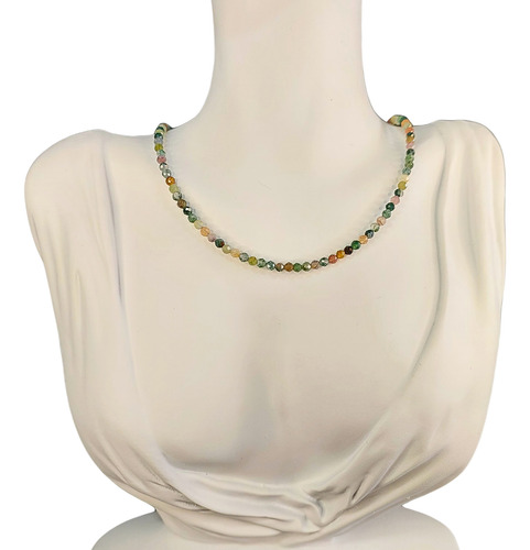 Colar Pedra Ágata Indiana Natural Facetada 3mm Fio Aço