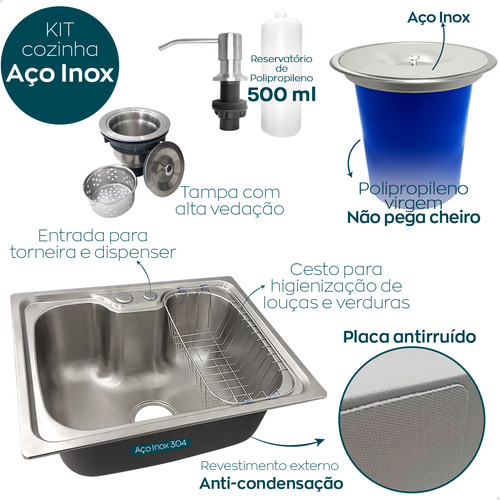 Kit Cozinha Cuba Gourmet Inox 304 50x40 Com Lixeira De Embutir 5 Litros Porta Detergente 500ml Valvula E Sifão Flexivel Universal Kit Pia 5 Peças Dona D.cor