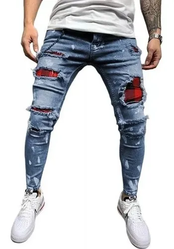 Calças Jeans Skinny Masculinas Com Pés Rasgados