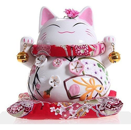 Maneki Neko Gato Afortunado Japones Con Dos Campanas De Porc