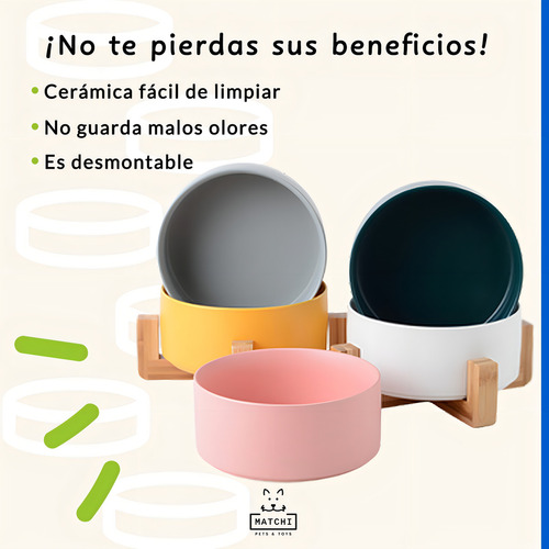 Plato Para Perros Y Gatos De Cerámica Con Base De Bambú Color Blanco