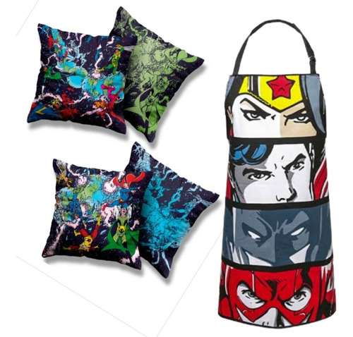 Kit Avental Capa De Almofada Liga Da Justiça Omelete Box Batman Nerd Geek