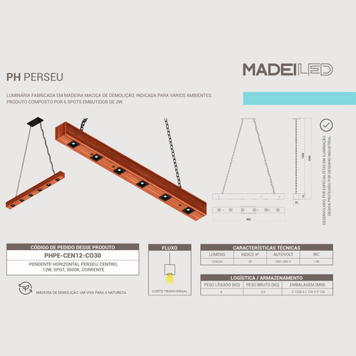 Pendente Led Perseu 12w Bivolt Madeira Maciça Com Corrente