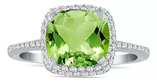 Anillo Con Halo De Diamantes Y Peridoto De Talla Cojín En Or