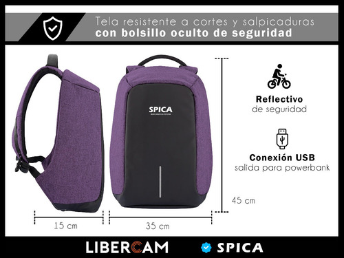 Imagen 4 de 10 de Mochila Antirrobo Impermeable Spica M-10 Usb Porta Notebook