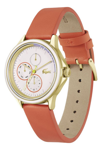 Reloj Lacoste Skyhook Multifuncional Para Mujer Correa Naranja Bisel Blanco Fondo Blanco