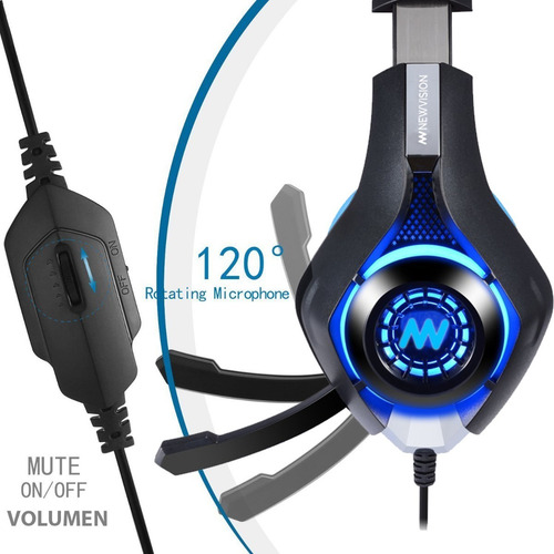 Auriculares Gamer Newvision Nw400 Negro Y Azul Con Luz Led