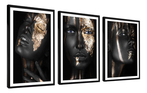 Quadro Decorativo Mulher Negra Maquiagem Ouro 43x63 Moldura Cor Colorido Cor da armação Preto