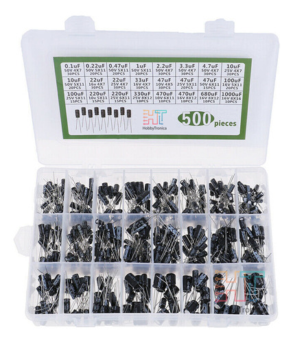 Kit 500 Capacitores Electroliticos 0.1uf A 1000uf Caja