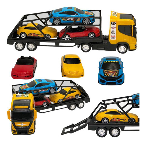 Cegonheira Caminhão De Brinquedo 03 Carrinhos Cabine Amarela