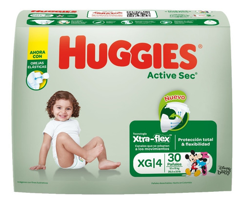 Imagen 2 de 3 de Pañales Para Bebe Huggies Active Sec Talla Xg 30 Und