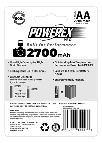 Set De 4 Baterías Recargables Aa 2700mah Mhraa4pro Powerex