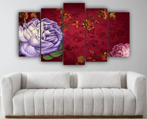 Set De 5 Cuadros Decorativo En Tela Rosas Lila Moderno