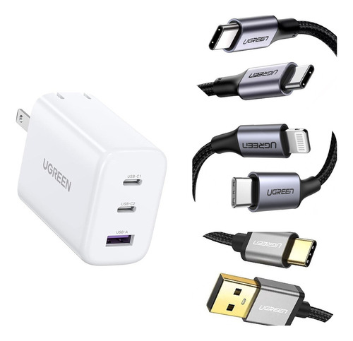 Kit Cargador 65w + 3 Cables Usb Tipo C Y Para iPhone Ugreen Color Multicolor