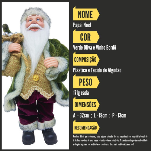 Papai Noel 30 Cm Verde/cinza Tecido