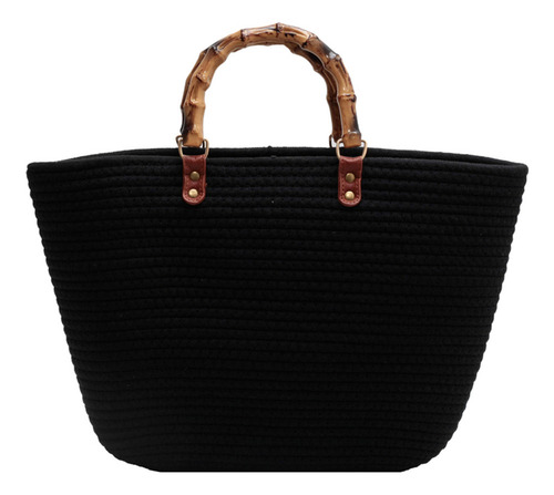 Bolsos De Playa De Moda Con Mango De Bambú, Algodón Tejido A