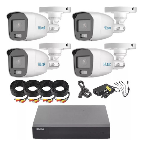 Hilook Kit De Camaras De Seguridad Exterior Con Micrófono Integrado Hl-1080-cv/a 4 Cámaras Bala De Video Vigilancia Turbohd 1080p Cctv Colorvu Blanco