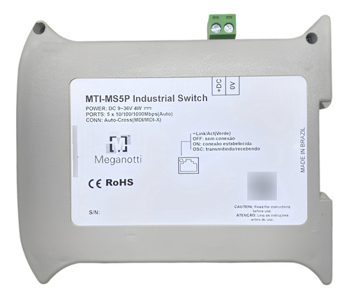 Switch Industrial Ethernet 5 Portas Gigabit Trilho DIN 24V Meganotti MTI-MS5P