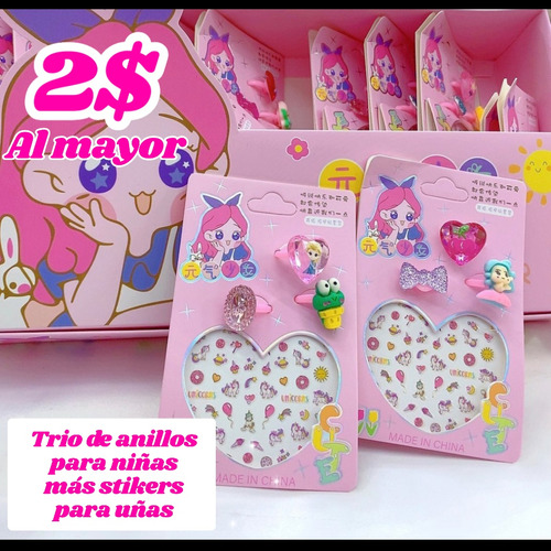 Trio De Anillos Para Niñas Más Stikers De Uñas Al Mayor 