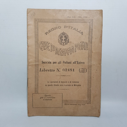 Antigua Libreta De Ahorro Italiana Extranjero 1939 Mag 62569 (Usado)
