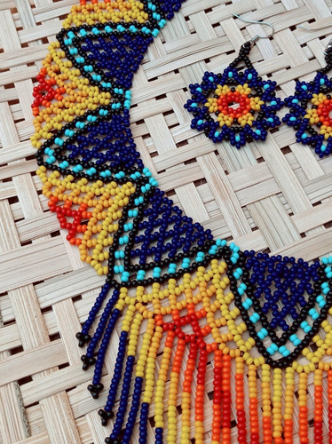 Conjunto Colar Indígena De Miçanga Com Franja Brinco Mandala