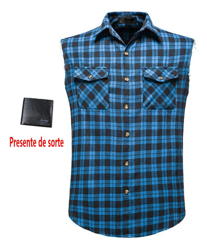 Camisa Casual A Cuadros For Hombre, Doble Bolsillo, Sin