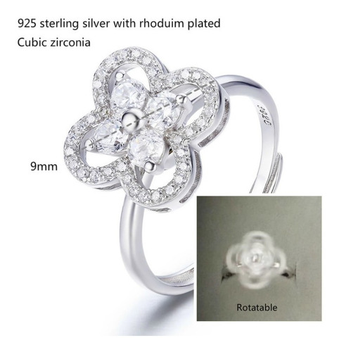 Anillo Ajustable Flor Grande Con Diamantes Mujer Plata 925