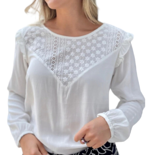 Blusa Manga Larga Con Broderie Y Volados