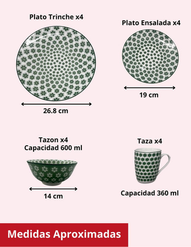 Vajilla 16 Piezas Cerámica Elegante Royal Haus Resistente Color Verde Flor