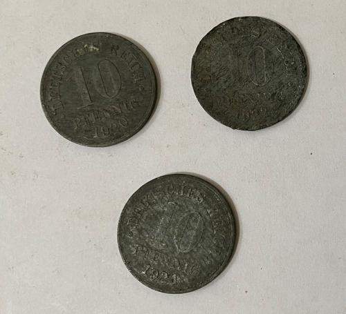 3 Monedas Alemania 10 Pfennig 1920 21 22, 1m161