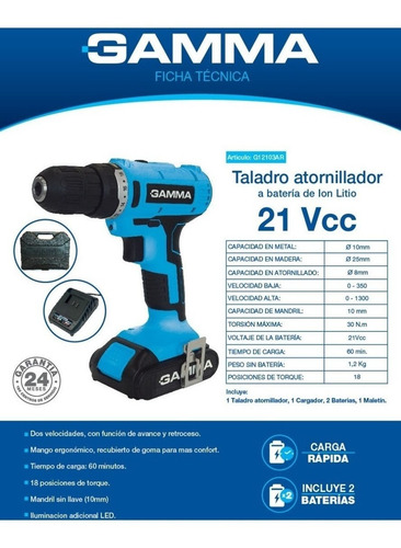 Imagen 2 de 6 de Taladro Atornillador Gamma G12103 21v 2 Baterias Cargador