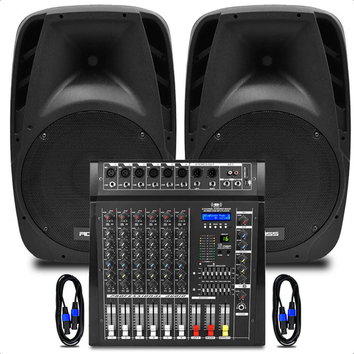 Sistema De Sonido 600w Mixer 6ch Potenciada 2 Bafles Cables