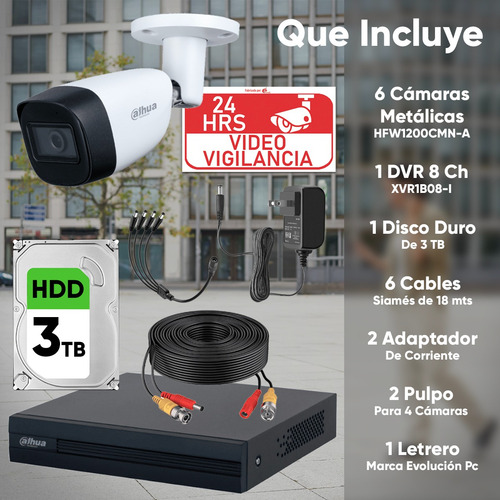 Dahua Kit Cctv 6 Cámaras De 2 Mp Metálicas Audio + Hdd 3 Tb