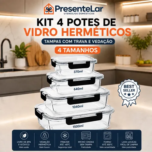 Kit 4 Potes De  Vidro Hermético Marmita Vários Tamanhos