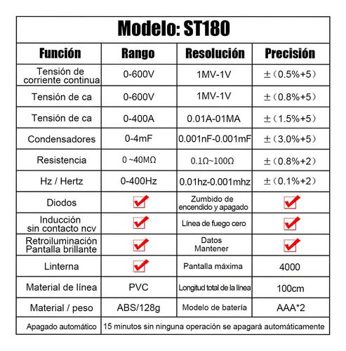 Multímetro Digital De Pinza St180 4000cuentas Ac/dc