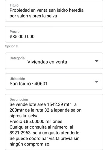 Se Vende Lote En San Isidro Heredia