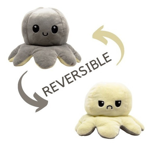 Peluche Pulpo Reversible Feliz Enojado Pulpito Premium Color Gris - Beige Gris - Beige