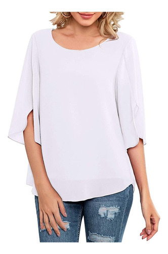 Blusa De Gasa Con Cuello Redondo Y Manga 3/4 For Mujer