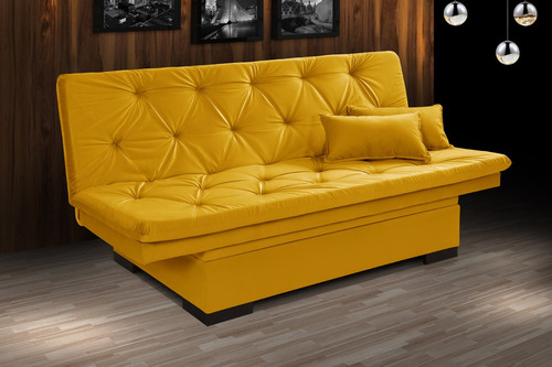 Sofá Cama Bau Reclinável Em Suede + Duas Banquetas Rub Cor Amarelo Desenho Do Tecido Liso