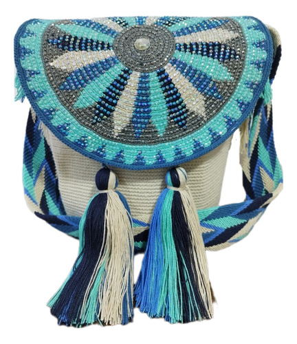 Mochila Wayuu  Tapa Con Piedreria Únicolor Grande 