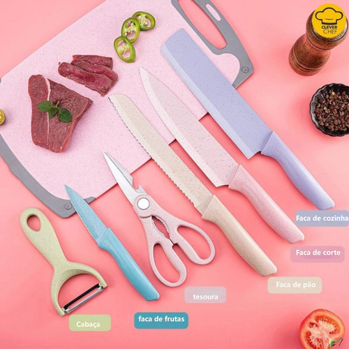 Conjunto de Facas para Cozinha com Suporte de Madeira - Kit de 7 Peças, Inclui Faca para Churrasco e Tábua de Corte