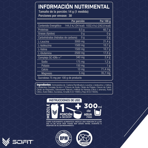 Aminoácidos Scifit BCAA + Glutamina 420g | Complexo Iônico de Refrigerante de Laranja