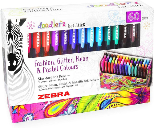 Zebra Doodler'z 60 Bolígrafos De Gel Glitter, Neón, Pastel 