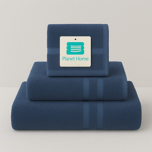 Conjunto De Toallas Y Toallon Planet Home Algodón 100% Peina Azul Lisa