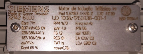 Motofreio Trifásico 1/2cv 220/380/440v 4polos Siemens