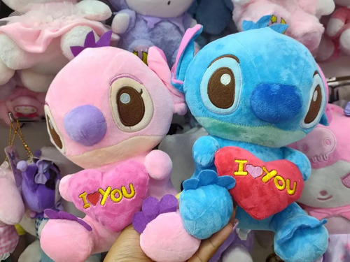 2x1 Peluches Angel Y Stitch Con Corazón I Love You 20 Cm Azul Y Rosa
